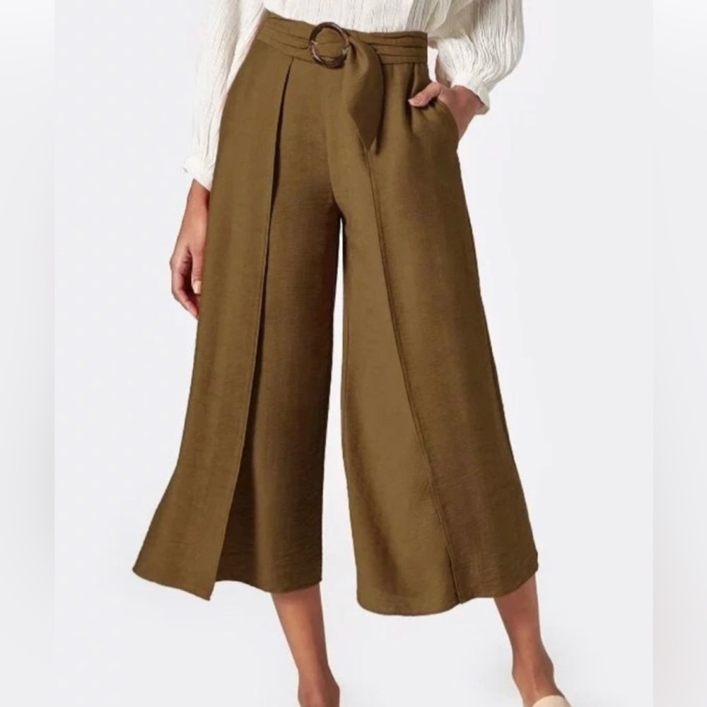JOIE MAIREAD OLIVE TEXTURED HIGH WAIST WIDE LEG SELF BELT ANKLE CROP PANT 8 NWOT